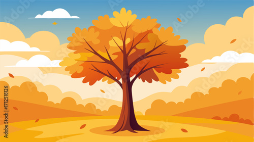 A lone oak tree standing tall a a sea of yellow and orange foliage casting a peaceful and serene scene in the autumn park.