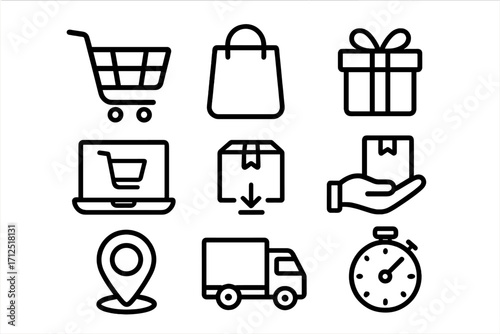 E-commerce and online shopping line icon set. Vector symbols for delivery service, logistics, shipping, and retail business. Includes shopping cart, bag, gift box, and timer.
