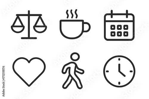 Work life balance concept icons. Line art set for daily routine, time management, healthy lifestyle. Vector symbols of schedule, coffee, exercise, love, justice, and time.