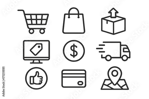 Online shopping and delivery service line icon set. E-commerce business metaphor. Web store purchase, payment process, shipping, and logistics symbols. Vector graphic elements.