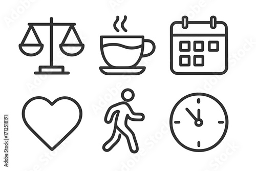 Work-life balance icon set. Vector line icons of scales, coffee, calendar, heart, walking, and clock. Daily routine, time management, health, and wellness concept.