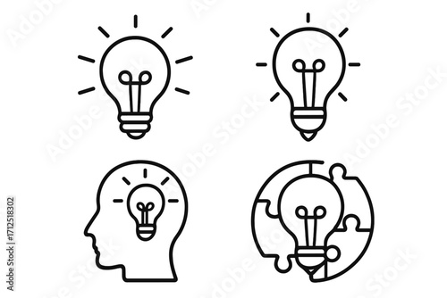 Light bulb icon set for idea, innovation, and creativity. Vector line art of brain, head, and puzzle. Symbol for solution, thinking, inspiration, and brainstorming.