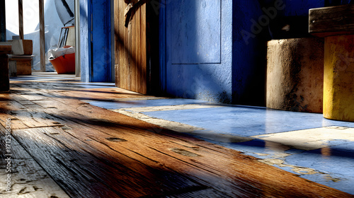 Wooden planks and blue wall in a building exterior.