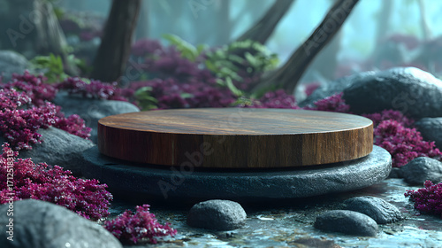 Wooden platform on stones in a misty forest setting.