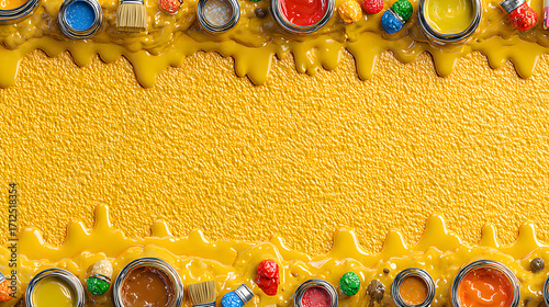 Yellow background decorated with colorful candies and chocolate cups.