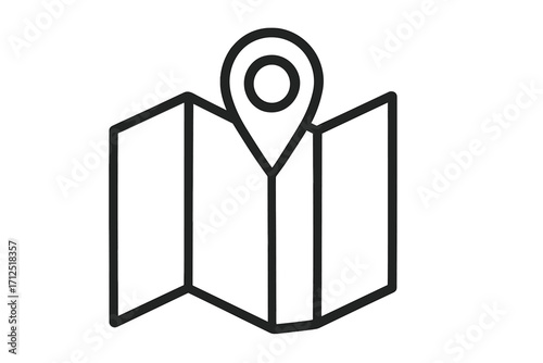 Map with location pin icon for GPS navigation. Destination point marker for travel and direction guidance. Simple line art for web, app, and interface design. Vector route finder.