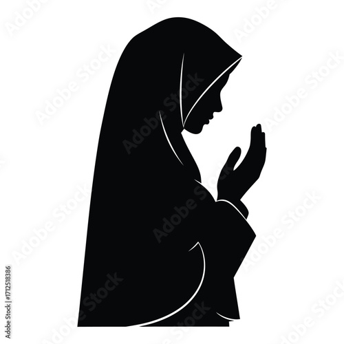 Silhouette of a woman in hijab praying with open hands towards the sky spiritual serenity silhouette