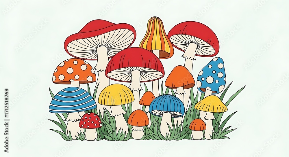 Fototapeta premium Colorful Mushroom Patch Illustration with Various Shapes and Patterns.