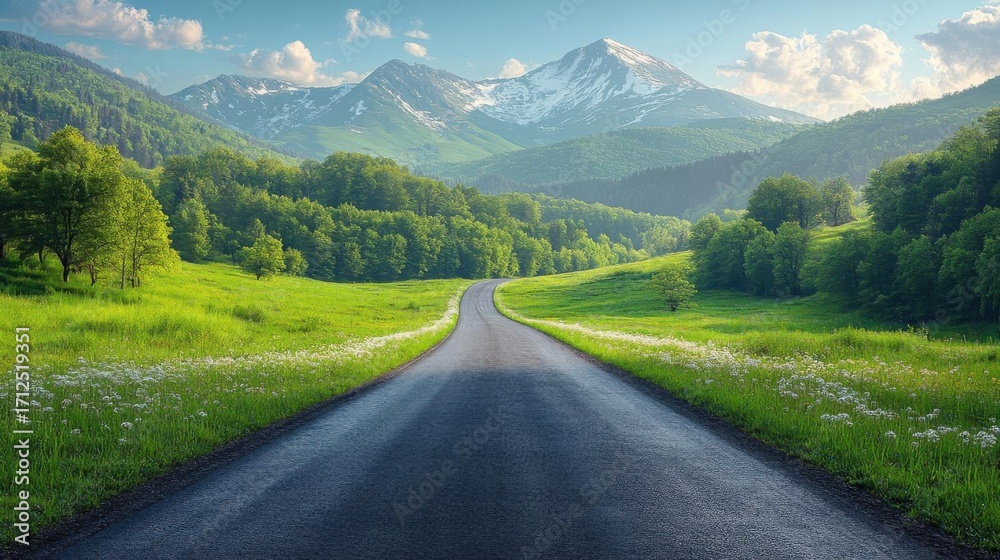 Fototapeta premium Asphalt road in the mountains. Landscape with meadow and forest.