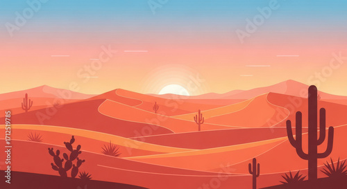 Vibrant desert landscape at sunset with saguaro cacti and rolling dunes