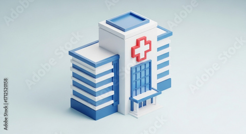 Low poly hospital building with a red cross modern clinic exterior with blue and white colors healthcare and medical concept design