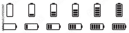 Battery level indicators. Black battery charge level icons. Battery power level pictograms in outline style. Vector Illustration. EPS 10