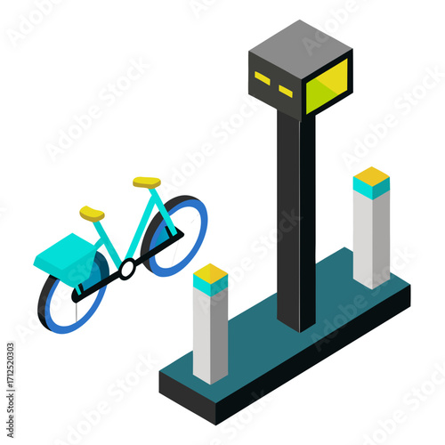 Isometric Smart Bicycle Charging Station and Electric Bike Parking Hub with Digital Kiosk