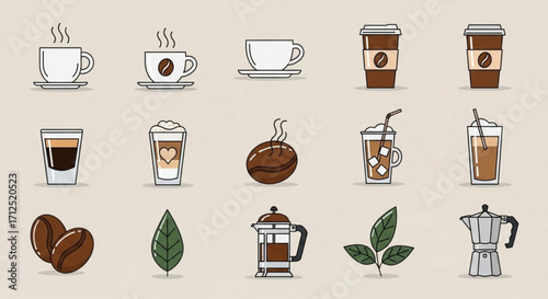 Coffee icon set collection of different types of coffee drinks vector illustration of coffee beans, cups, and leaves