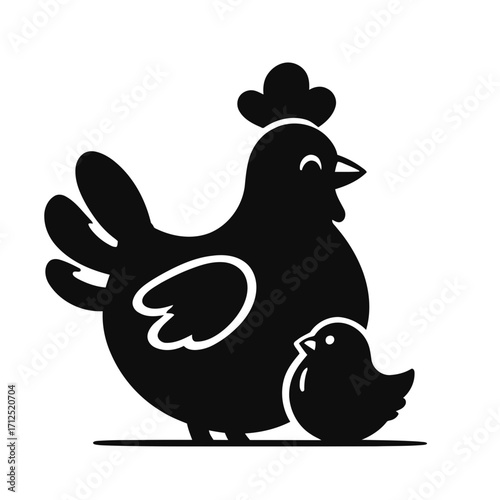 Funny vector cartoon illustration of a cute pigeon silhouette with a hen, rooster, and chick