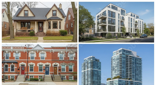 A diverse collection of residential buildings showcases various architectural styles, from classic houses to modern apartments, reflecting urban living and property investment