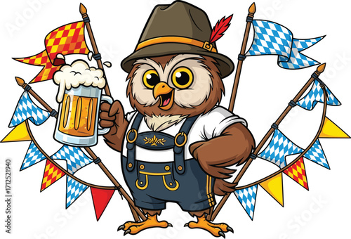 Cartoon owl in Bavarian costume holding beer mug, Oktoberfest celebration, festive confident pose, traditional German outfit, cheerful cultural scene