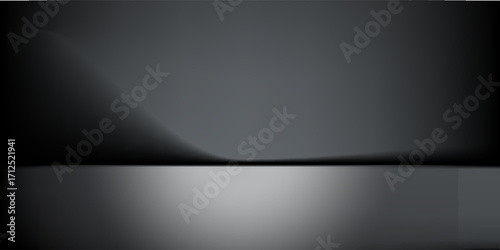 Black studio room. Limbo dark grey spotlight background. Abstract 3d backdrop for product presentation. Minimal wall scene. Showcase, promotion display. Vector stage mockup illustration