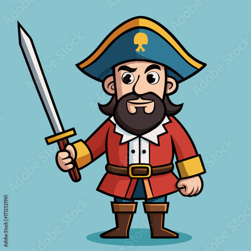 Cartoon pirate illustration with sword and hat for kids adventure story and halloween theme vector design