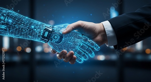 Human and AI robotic handshaking, futuristic partnership.
