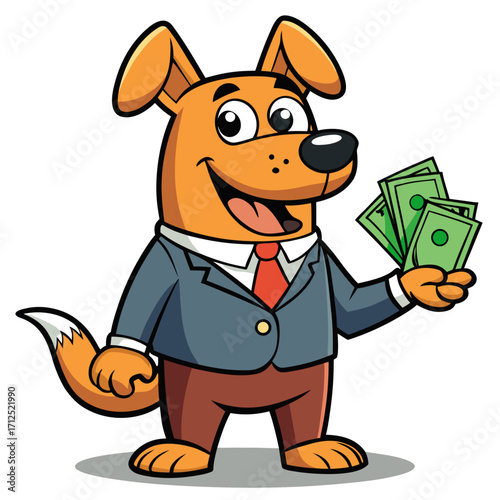 Dog ceo holding money investment success financial freedom wealth management business cartoon illustration