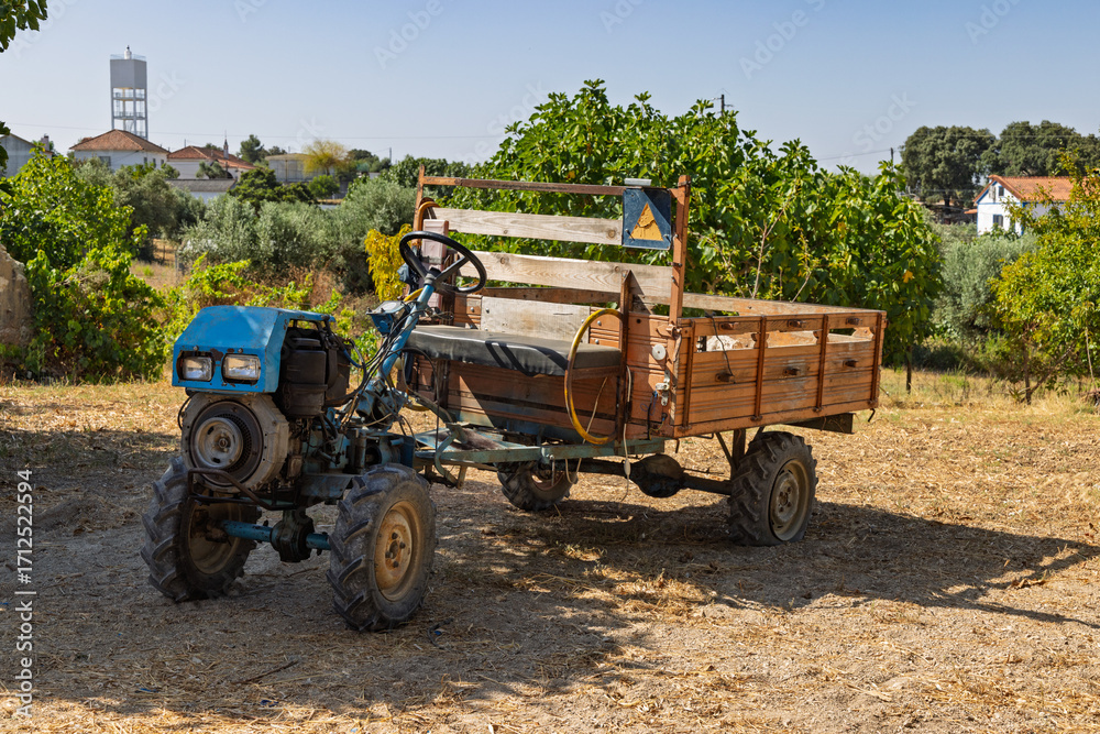 Obraz premium A small, vintage tractor with a wooden trailer is parked in a rural field, surrounded by green shrubs and trees on a warm, sunny day