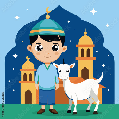 Eid al adha mubarak cartoon illustration of muslim boy with goat and mosque for eid al adha celebration