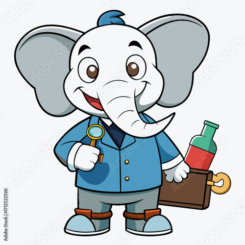 Cartoon elephant detective with magnifying glass and briefcase vector illustration design art