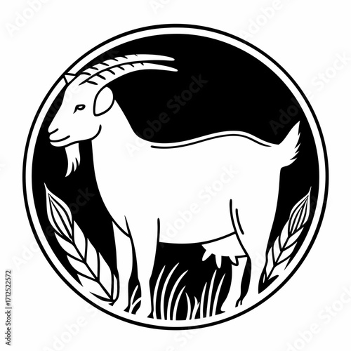Illustration of a white goat in a black circle with grass and wheat vector image for graphic design artwork