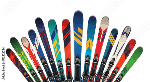 Assortment of colorful skis standing upright against a white background in a studio setting display