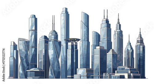 Illustration of a futuristic cityscape with various skyscrapers and architectural designs in blue tones