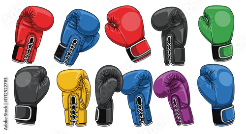 Assortment of colorful boxing gloves displayed in a group on a white background vector illustration