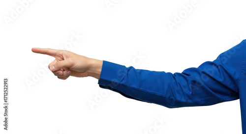 Isolated arm and hand gesturing pointing away, sleeve, blue shirt, Caucasian human arm