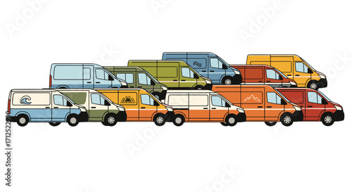 A colorful collection of vans parked in rows with various designs and color schemes on a white background