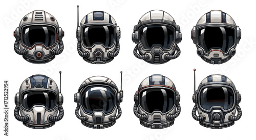 Collection of eight futuristic astronaut helmets with visors and antenna designs in varying styles