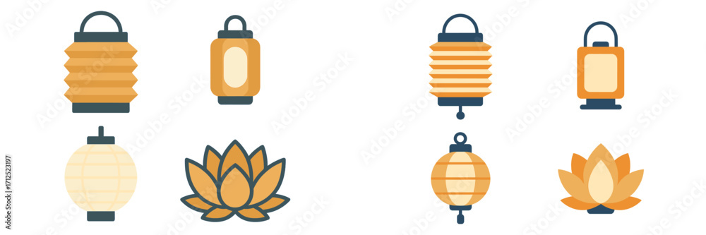 Obraz premium Collection of traditional Asian lanterns and sacred lotus flowers in a decorative flat design style for cultural events and celebrations