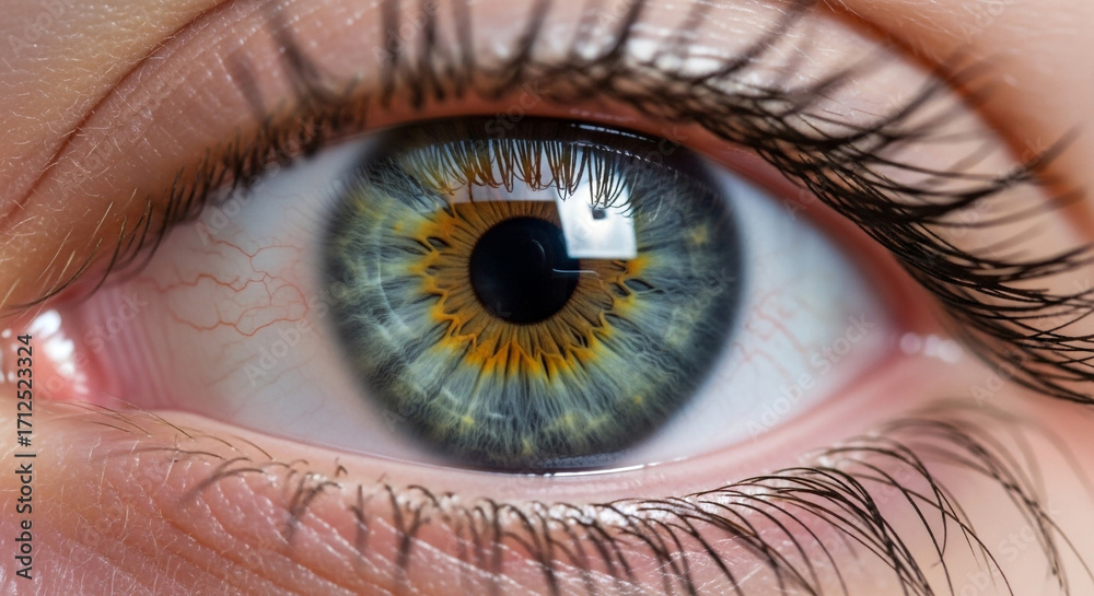 Fototapeta premium Intricate details of a striking hazel eye with captivating color variations and stunning eyelashes