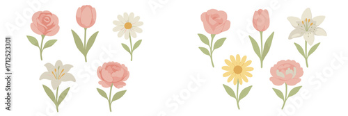 Watercolor style spring flowers with delicate roses, elegant tulips, cheerful daisies, graceful lilies, and lush peonies