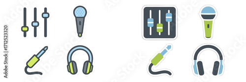 Stylish music accessories featuring microphones, headphones, and audio controls in modern design
