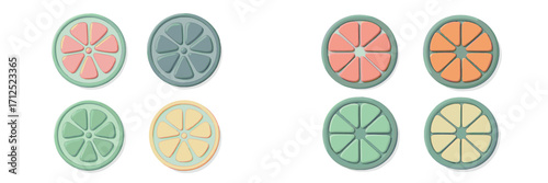 Assortment of vibrant abstract citrus fruit slices in a modern minimalist style with soft pastel colors and clean lines