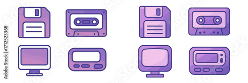 Collection of nostalgic retro technology icons including floppy disks, cassette tapes, and vintage monitors