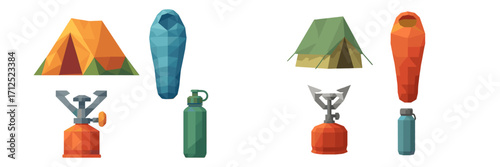Comprehensive outdoor camping equipment set with tents, sleeping bags, portable stoves, and water bottles for wilderness adventures