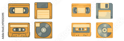 Assortment of classic retro technology storage devices including floppy disks, VHS tapes, audio cassettes, and mini-discs