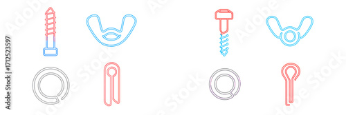 Assortment of essential hardware fasteners such as screws, wing nuts, and cotter pins presented in a clean outline style