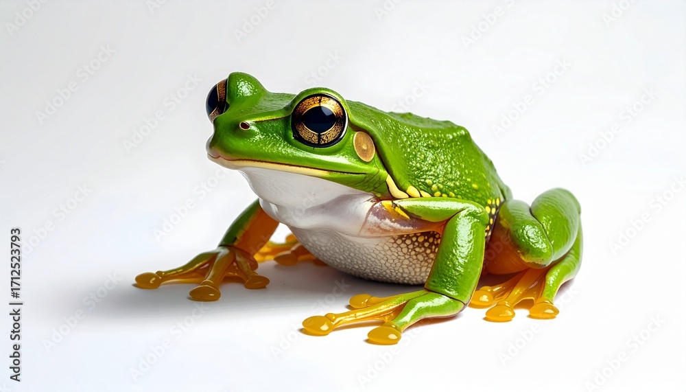 Obraz premium A vibrant green frog with orange feet and glossy eyes—resting on a white surface with soft shadow—evokes crafted alertness, symbolic transformation, and the rhythm of nature’s vivid precision.