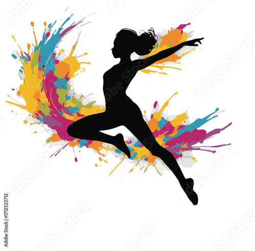 Vector art illustration of a happy woman dancing and jumping with freedom against the sun and sky