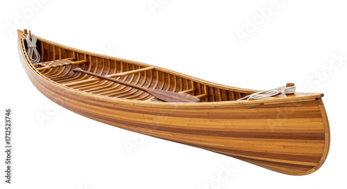 Isolated beautiful wooden canoe boat on a neutral background, traditional vessel craft