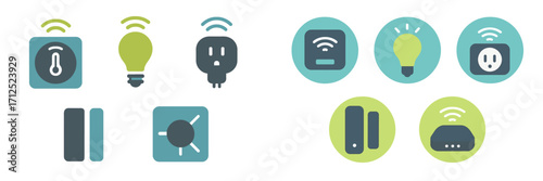 Smart home technology icons with wireless connectivity symbols for modern automation systems and intelligent living solutions