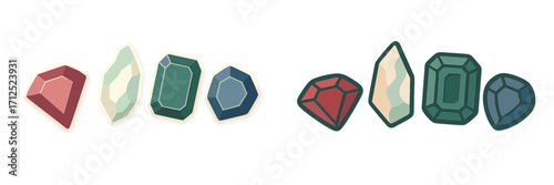 Colorful faceted gemstones and raw crystals in various shapes and sizes with a modern layered graphic style