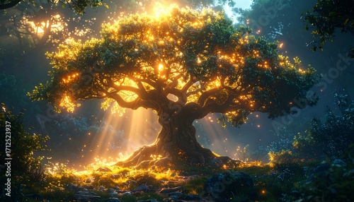 Radiant ancient tree in a mystical forest